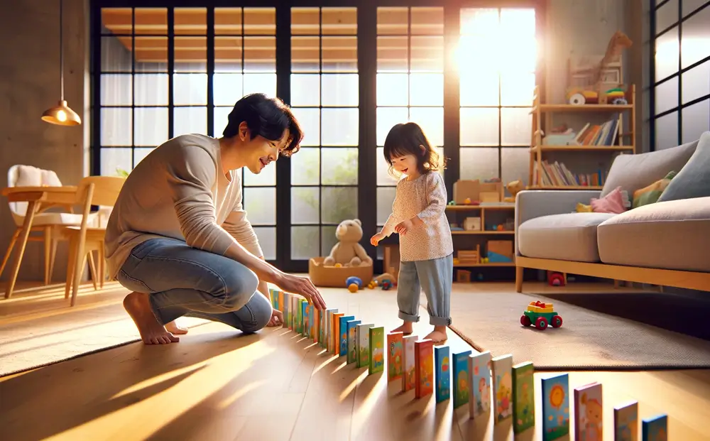 그림책으로 도미노 놀이를 하는 아빠와 딸