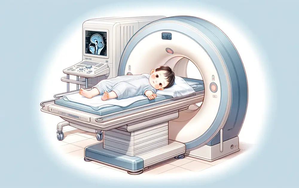 신생아 딤플로 MRI 검사 촬영하는 아기